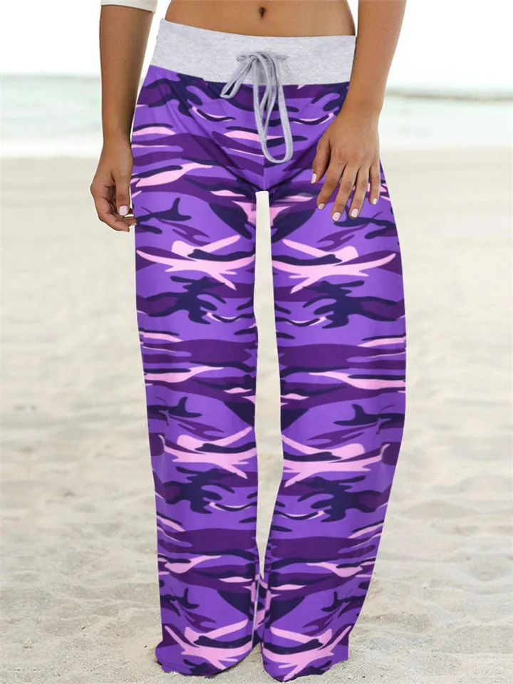 Comfortable Camouflage Print Drawstring Wide-Leg Pants