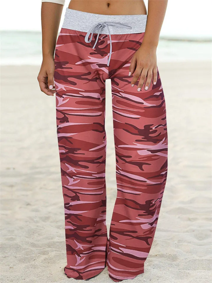 Comfortable Camouflage Print Drawstring Wide-Leg Pants