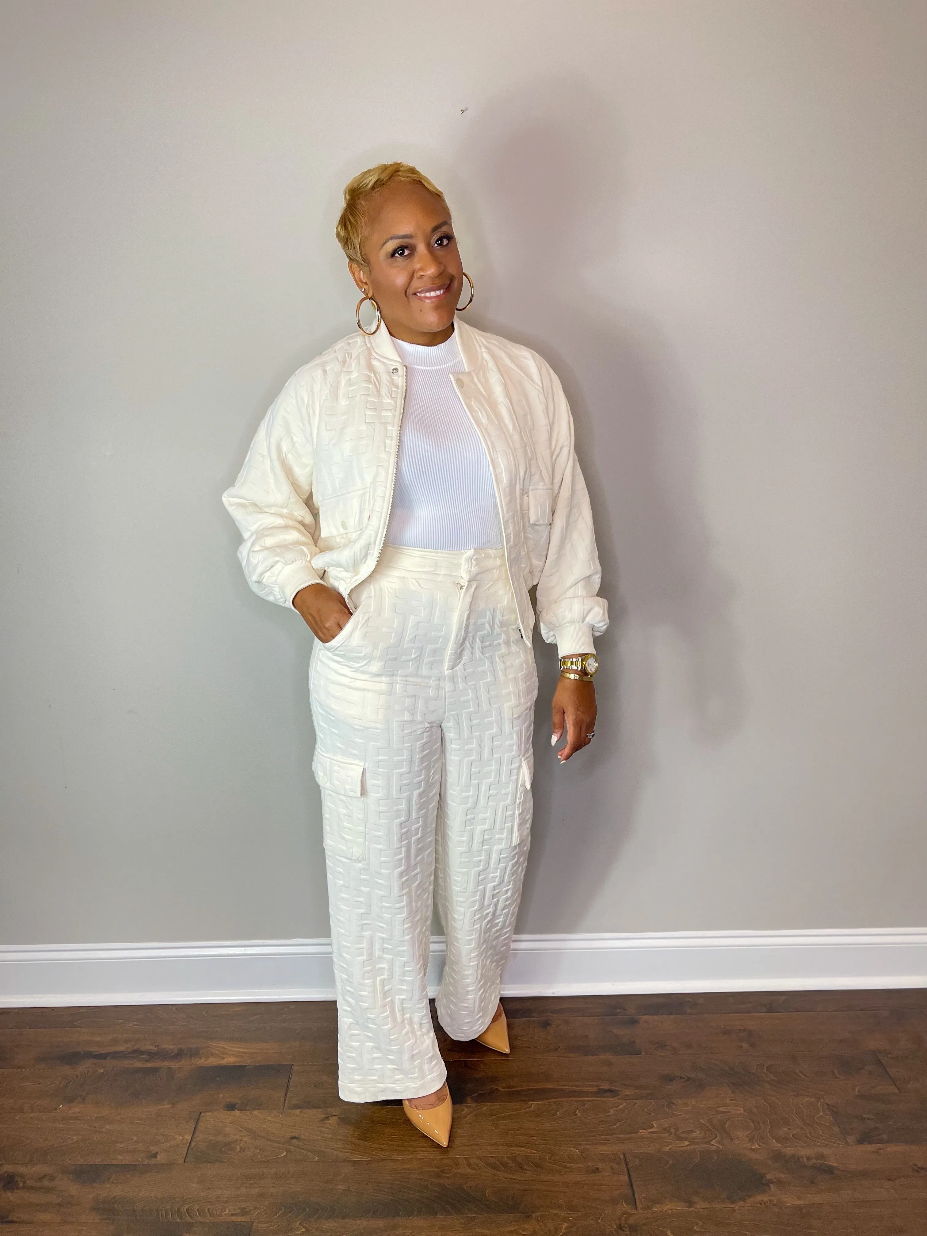 Cream Textured Bomber Set