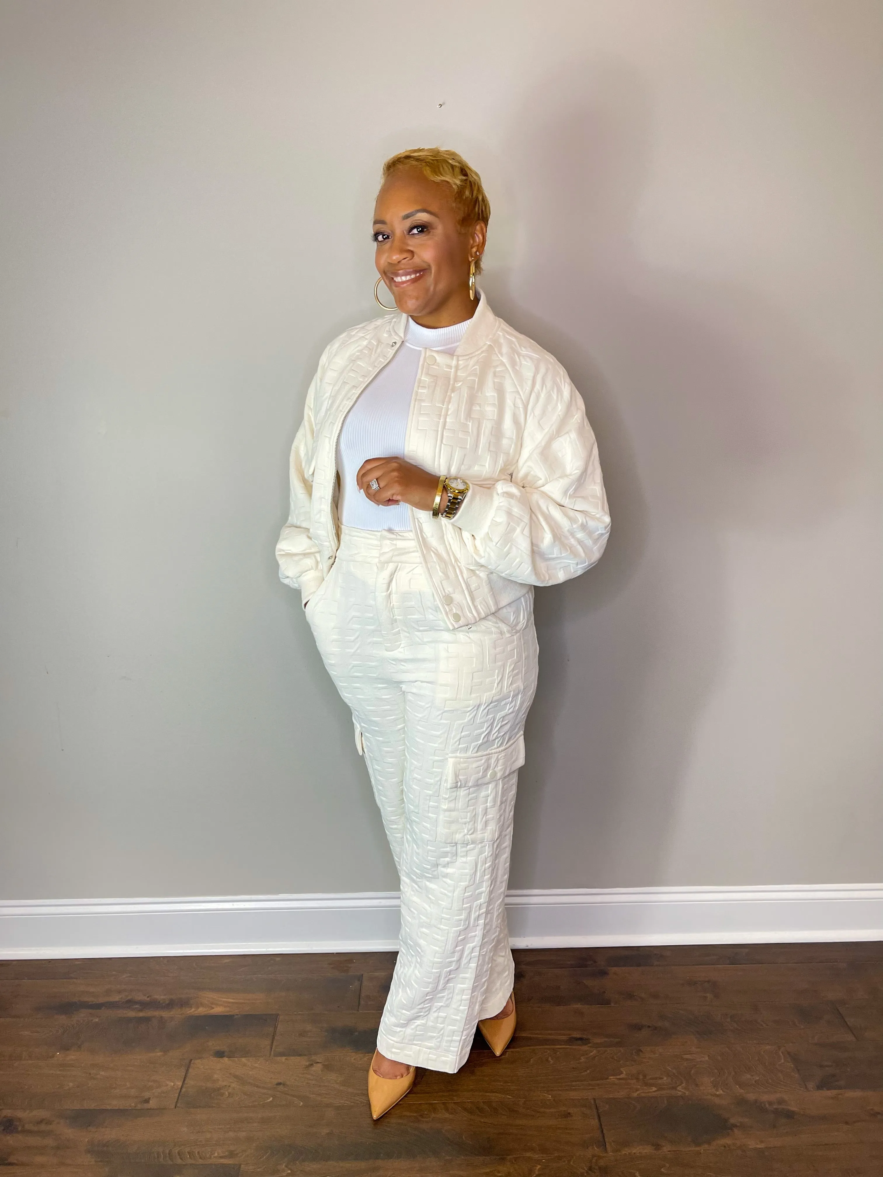 Cream Textured Bomber Set