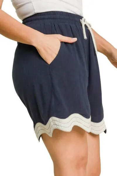 Dark Navy Color Blocked Scalloped Hem Shorts