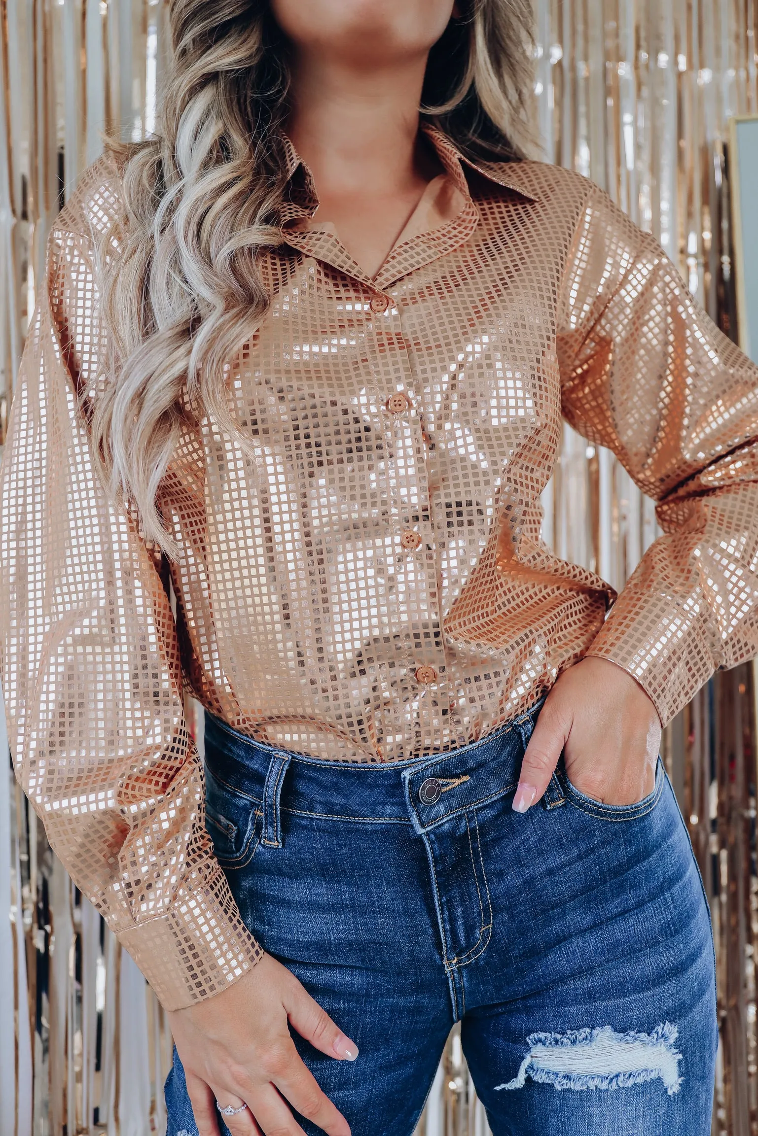 Disco Out Tonight Button Up Shirt - Gold