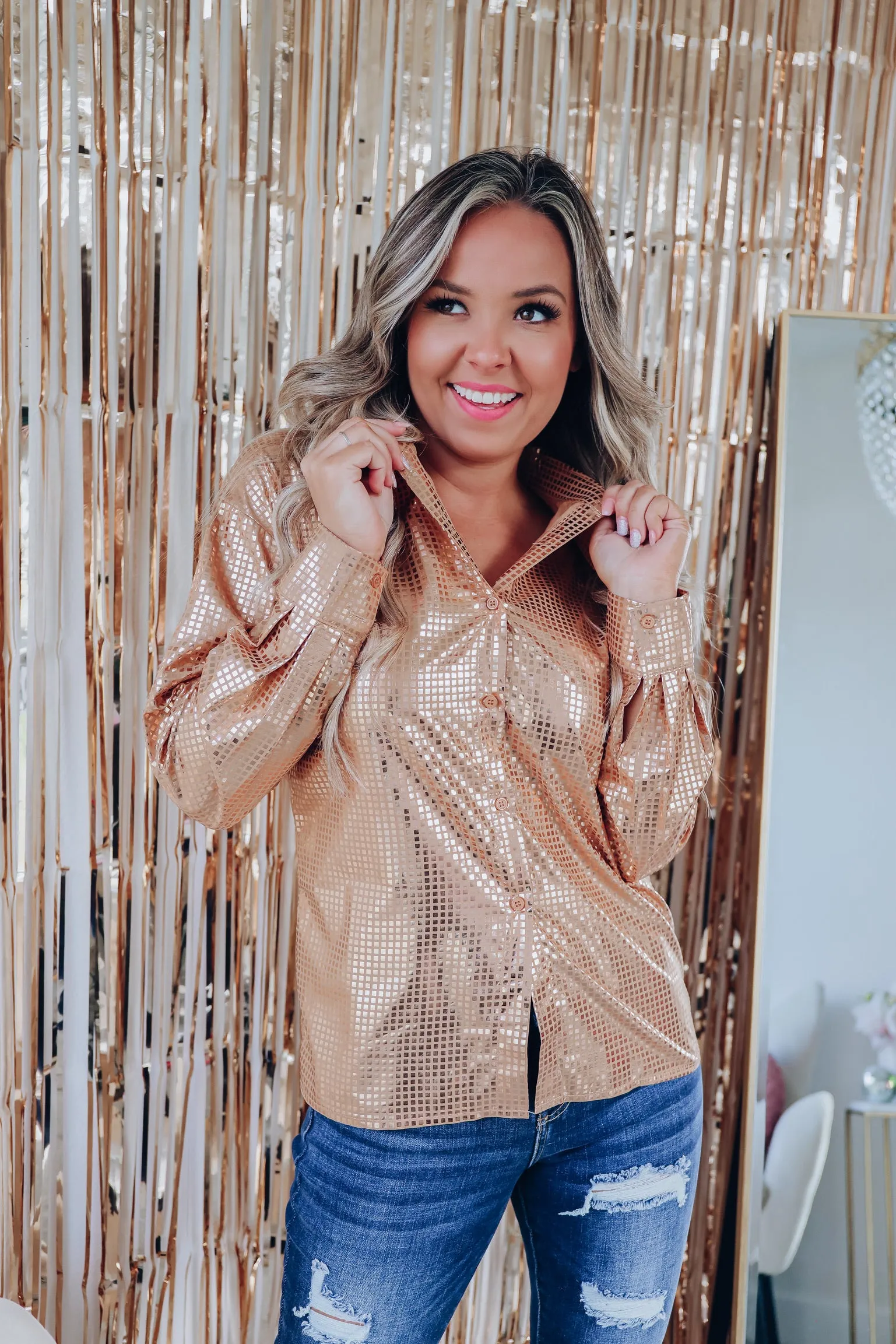 Disco Out Tonight Button Up Shirt - Gold