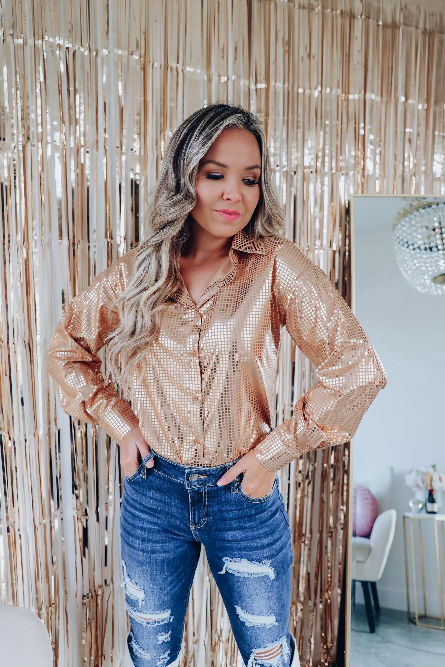 Disco Out Tonight Button Up Shirt - Gold