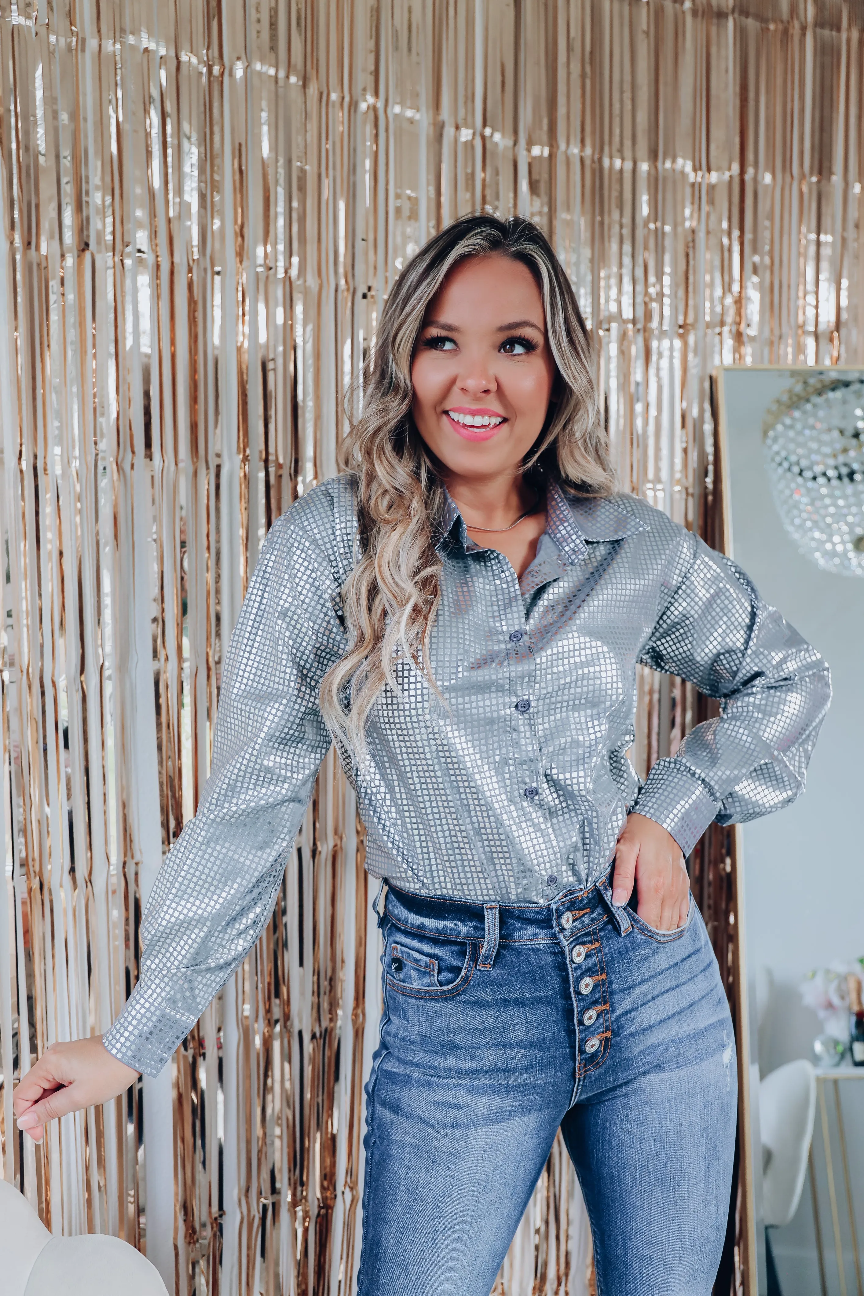 Disco Out Tonight Button Up Shirt - Silver