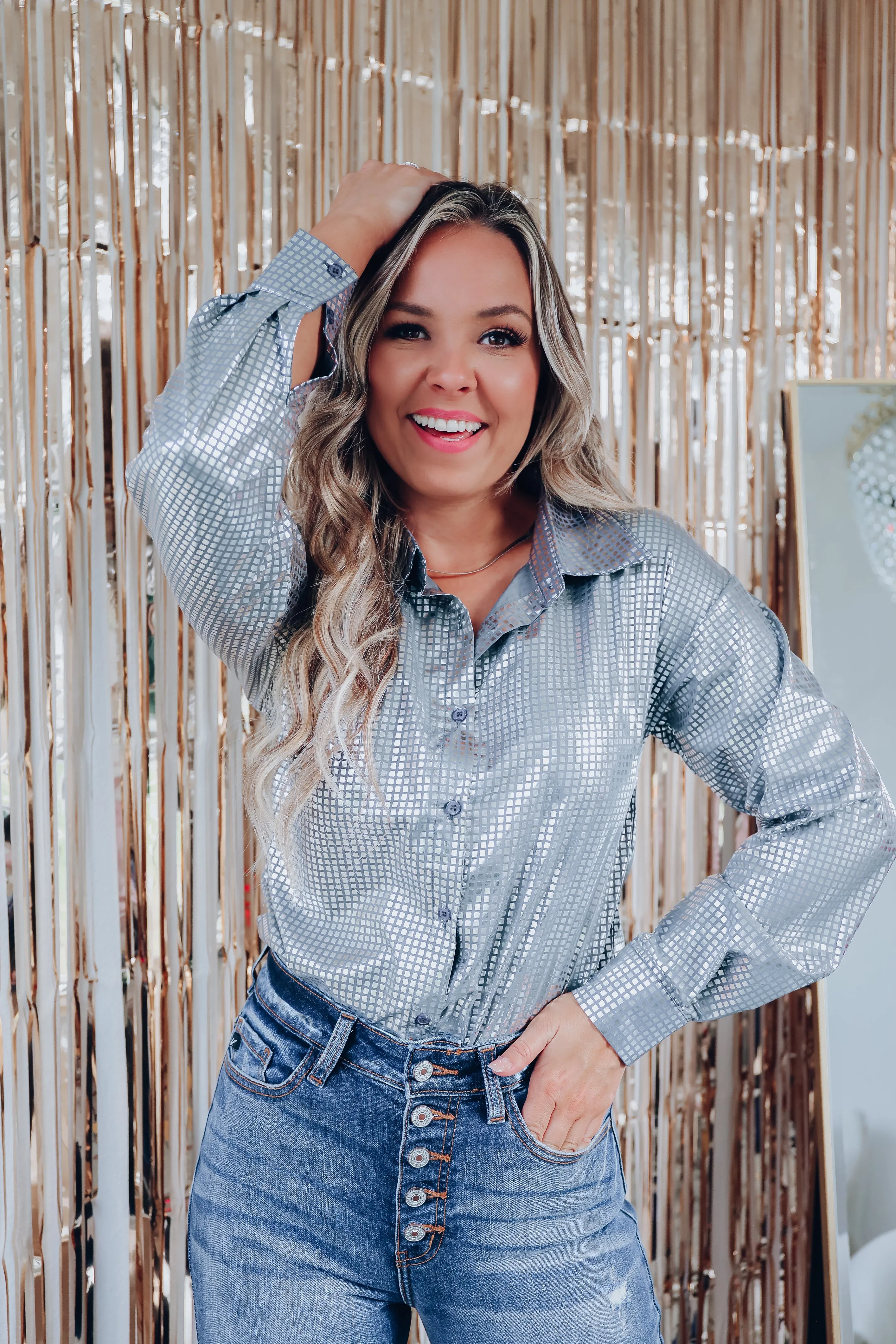 Disco Out Tonight Button Up Shirt - Silver