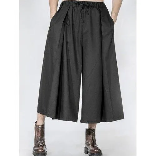 Drawstring Pleated Front Wide Leg Pants - Black One Size