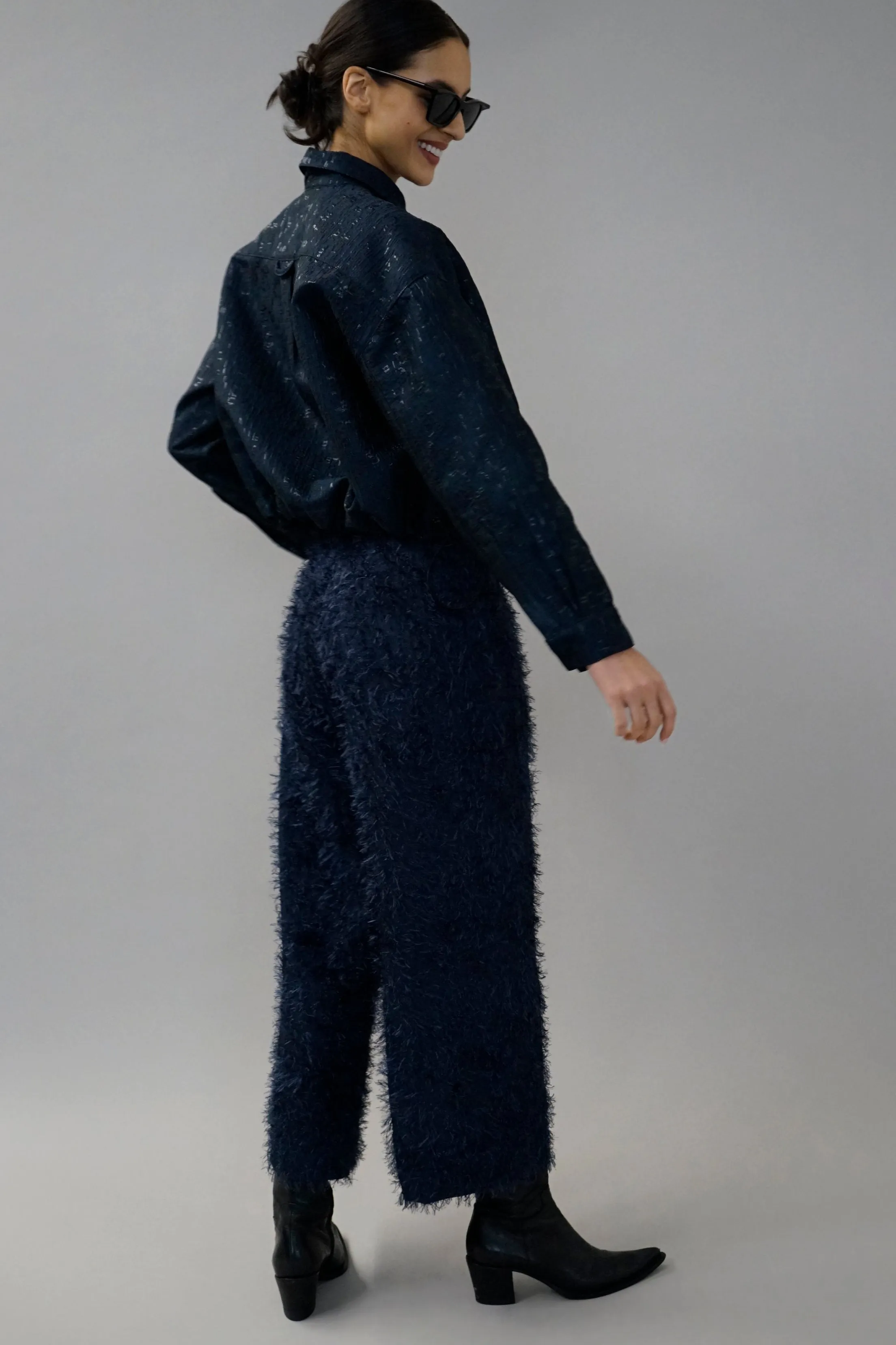 Edom Navy Cut Jacquard Ankle-Length Pants