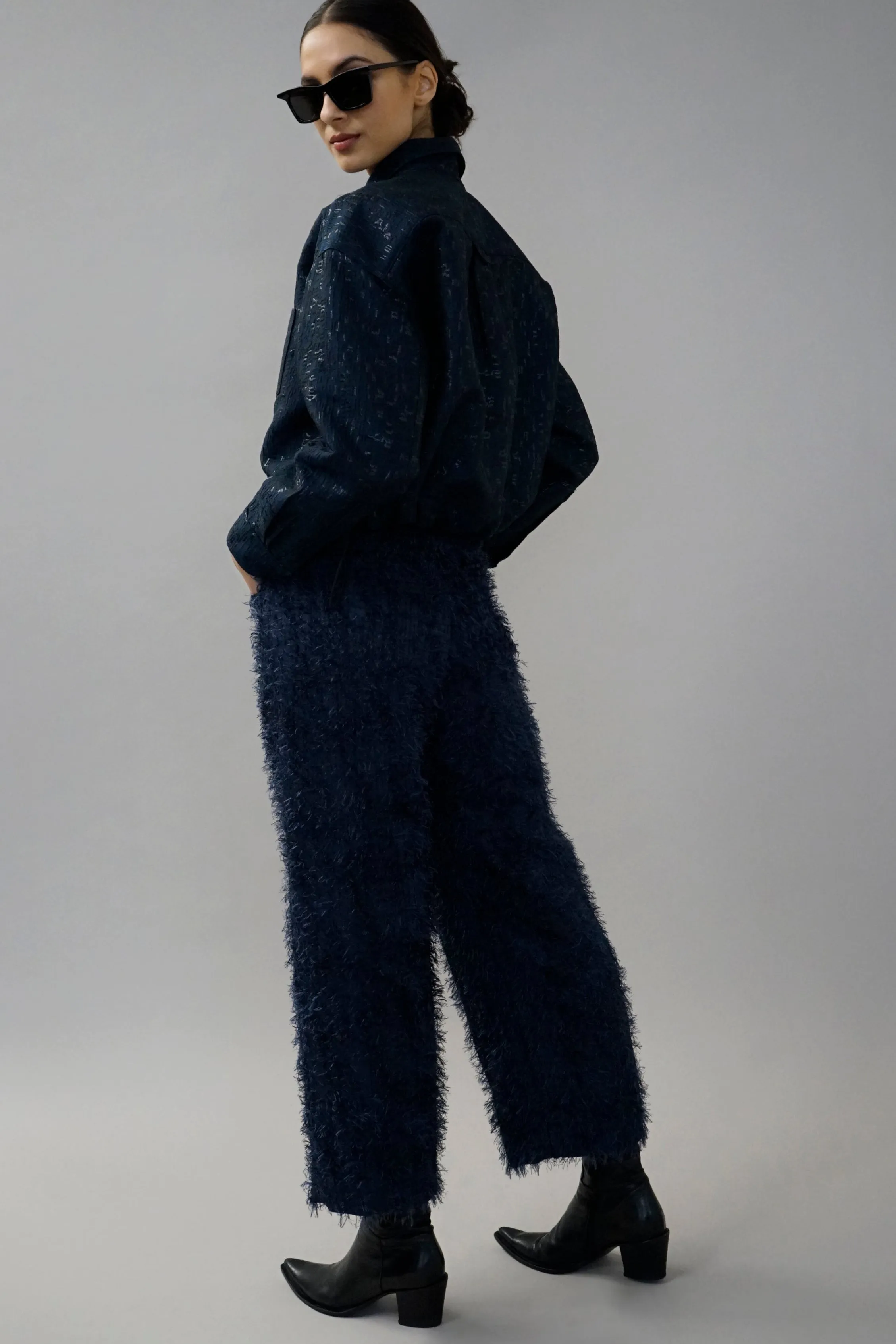 Edom Navy Cut Jacquard Ankle-Length Pants