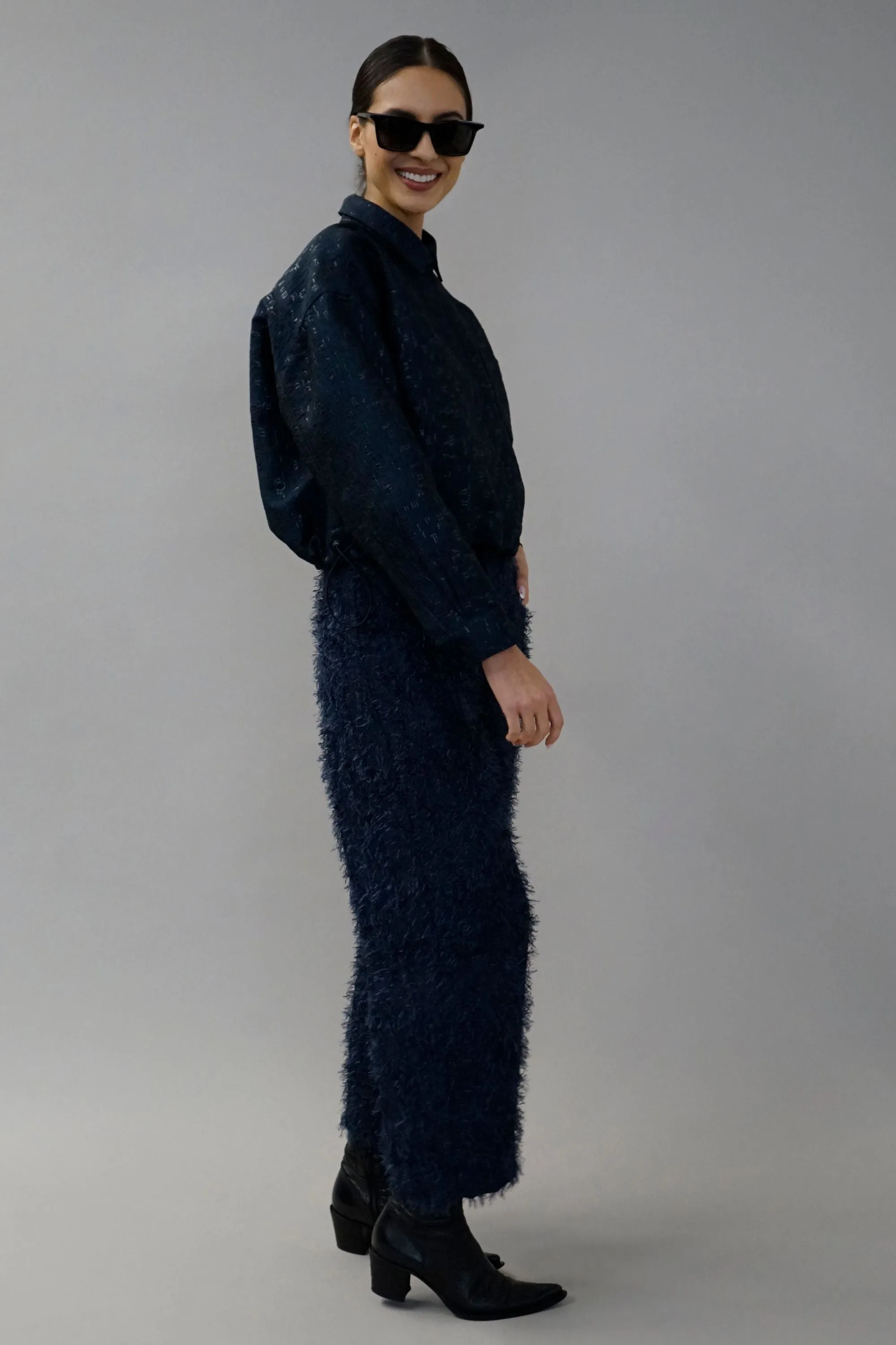 Edom Navy Cut Jacquard Ankle-Length Pants