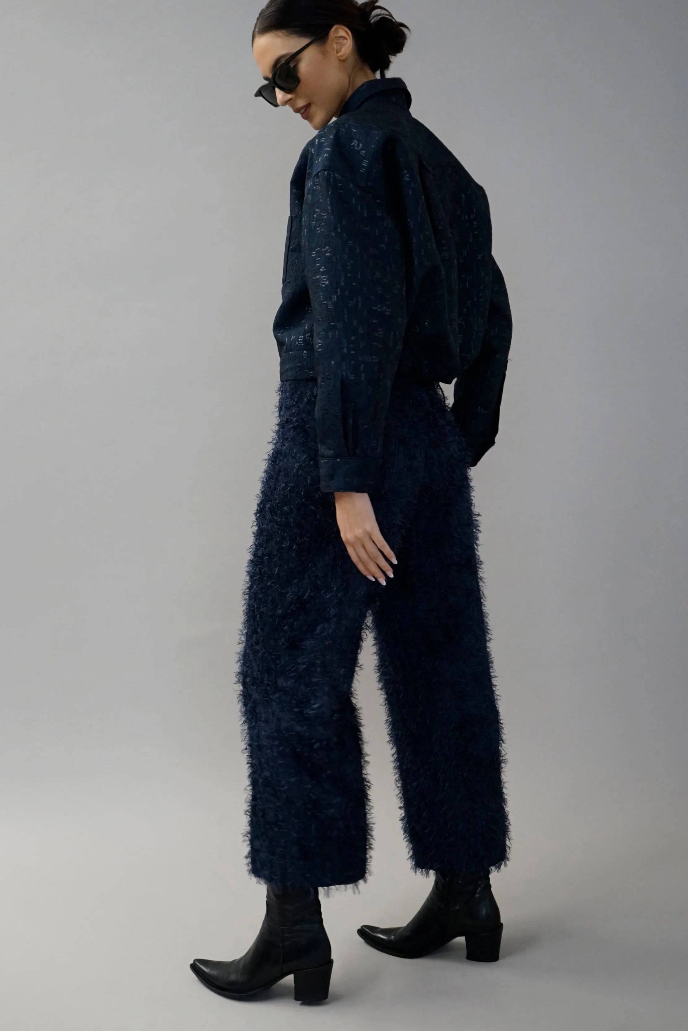 Edom Navy Cut Jacquard Ankle-Length Pants
