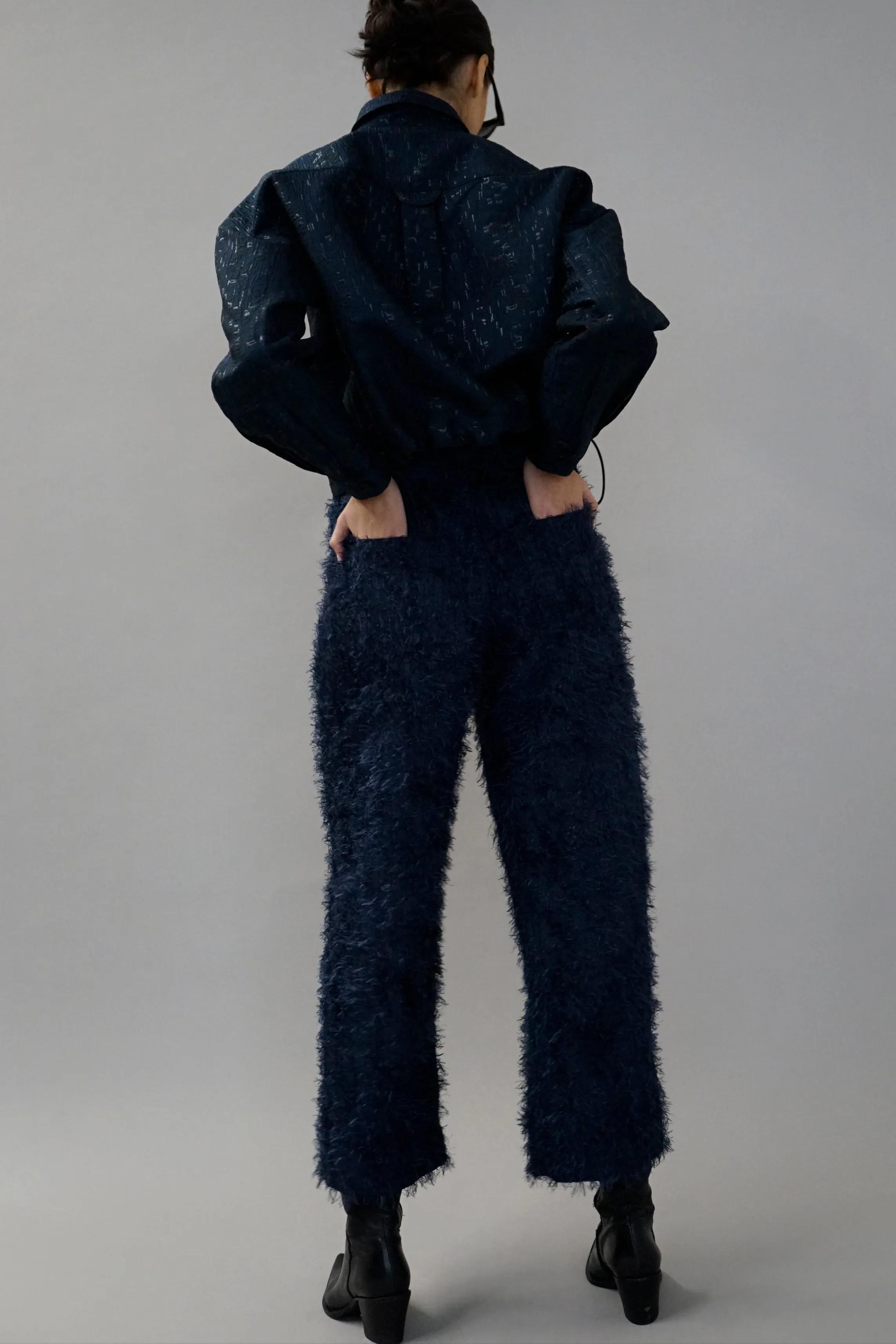 Edom Navy Cut Jacquard Ankle-Length Pants