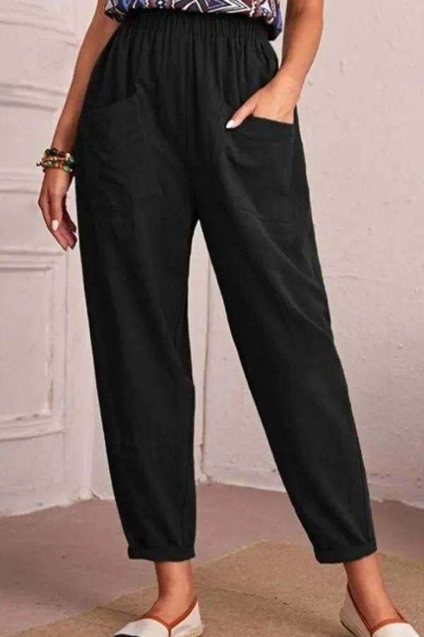 Elastic Waist Solid Color Pants