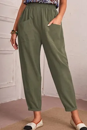 Elastic Waist Solid Color Pants