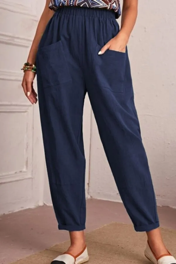 Elastic Waist Solid Color Pants