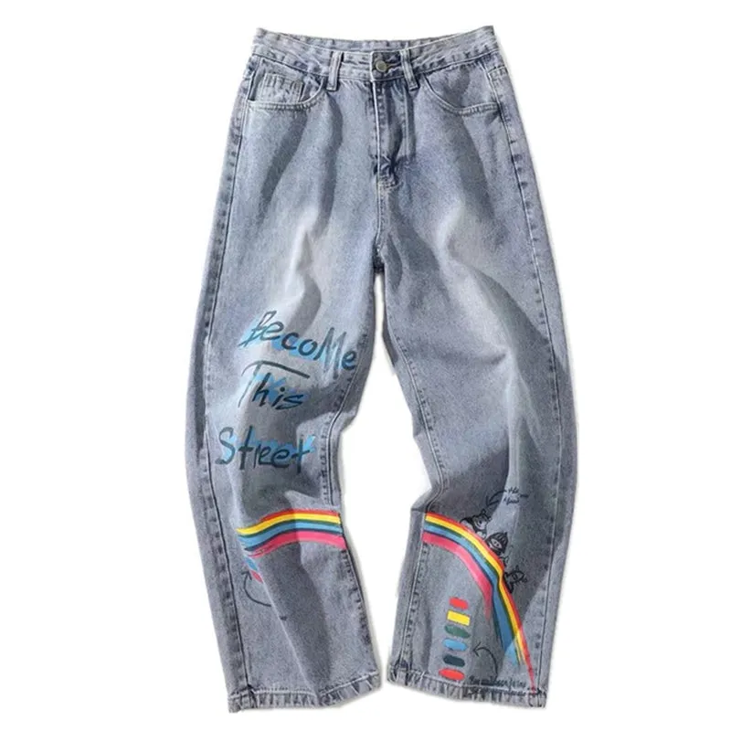 Fashion casual rainbow letters graffiti denim pants yc23195