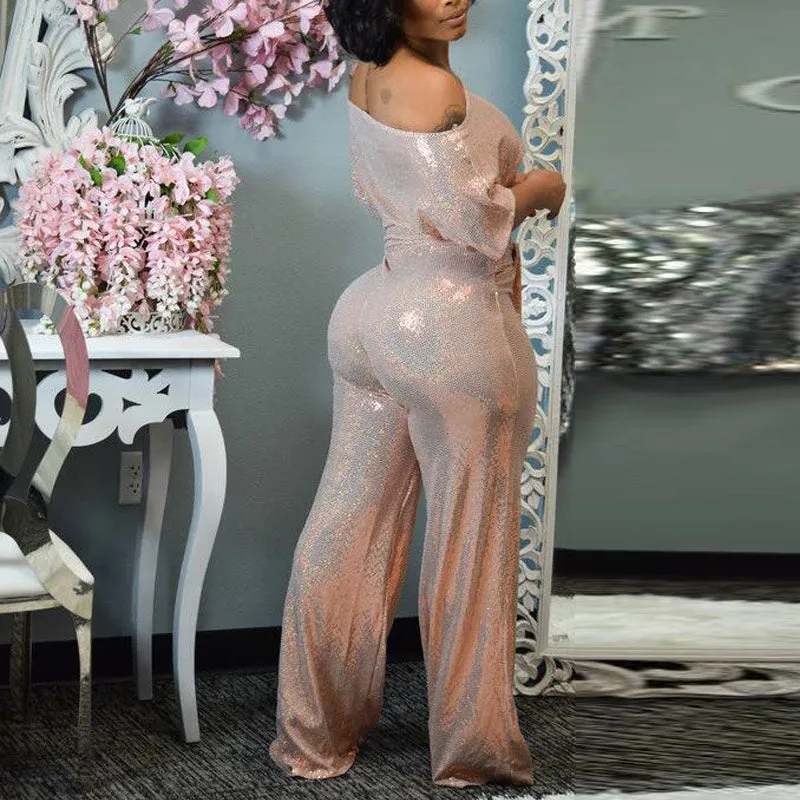 Fashion Sequins Half Sleeve One Shoulder Wide Leg Jumpsuit With Belt