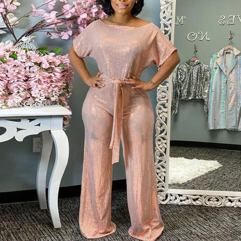 Fashion Sequins Half Sleeve One Shoulder Wide Leg Jumpsuit With Belt