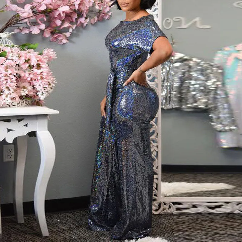 Fashion Sequins Half Sleeve One Shoulder Wide Leg Jumpsuit With Belt