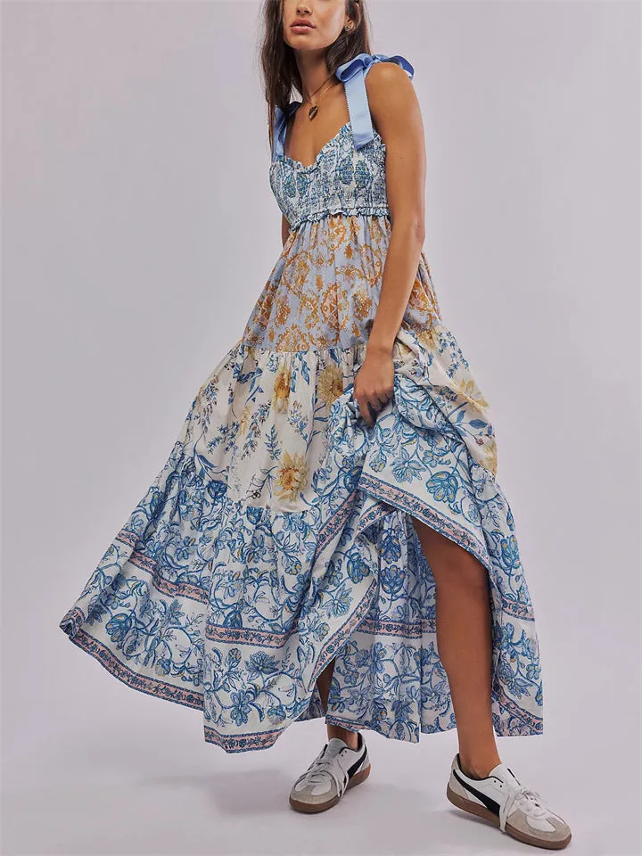 French Retro Floral Print Strappy Midi Dress for Lady