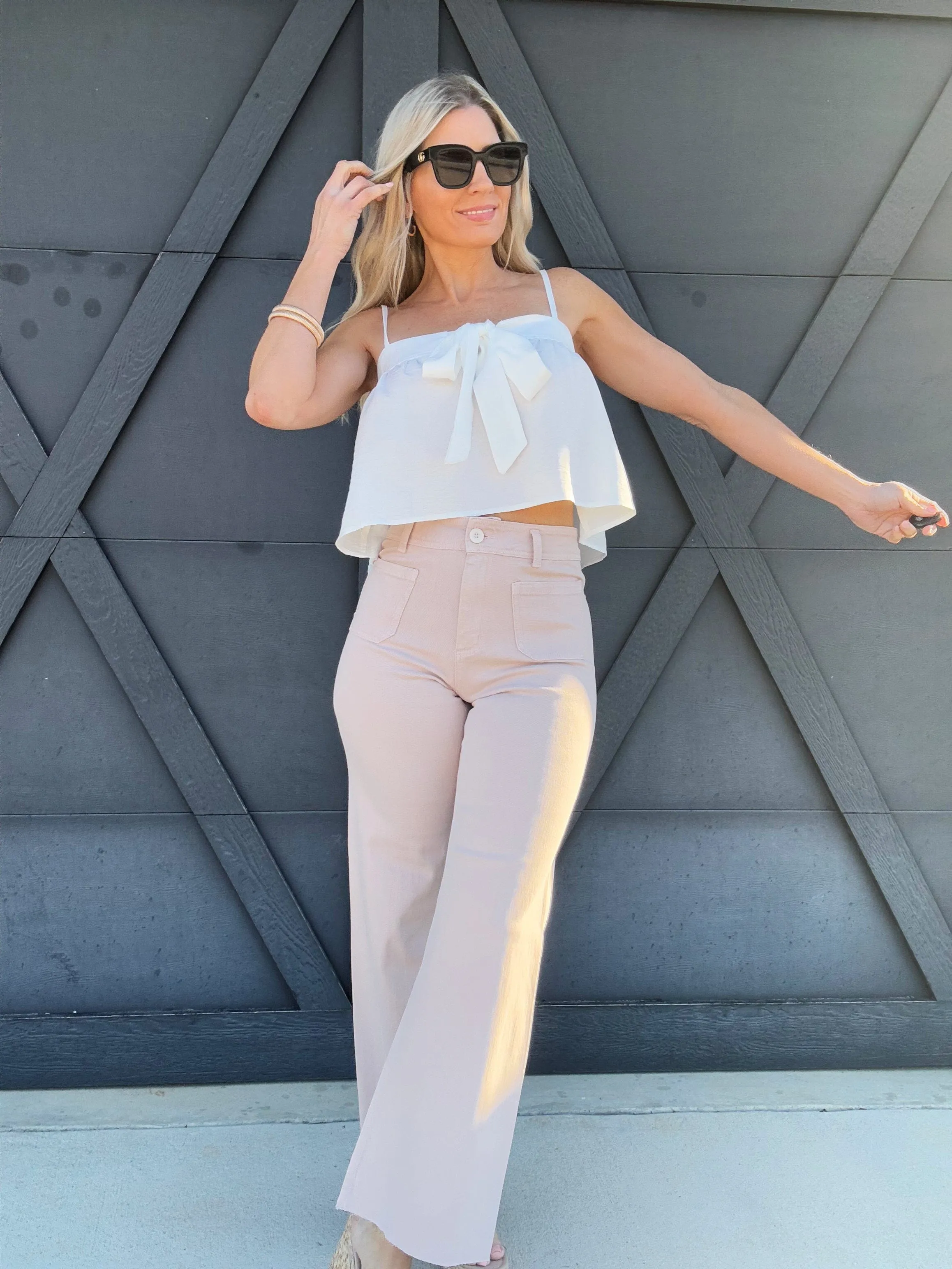 Front Pocket Wide Leg Pants In Light Pink