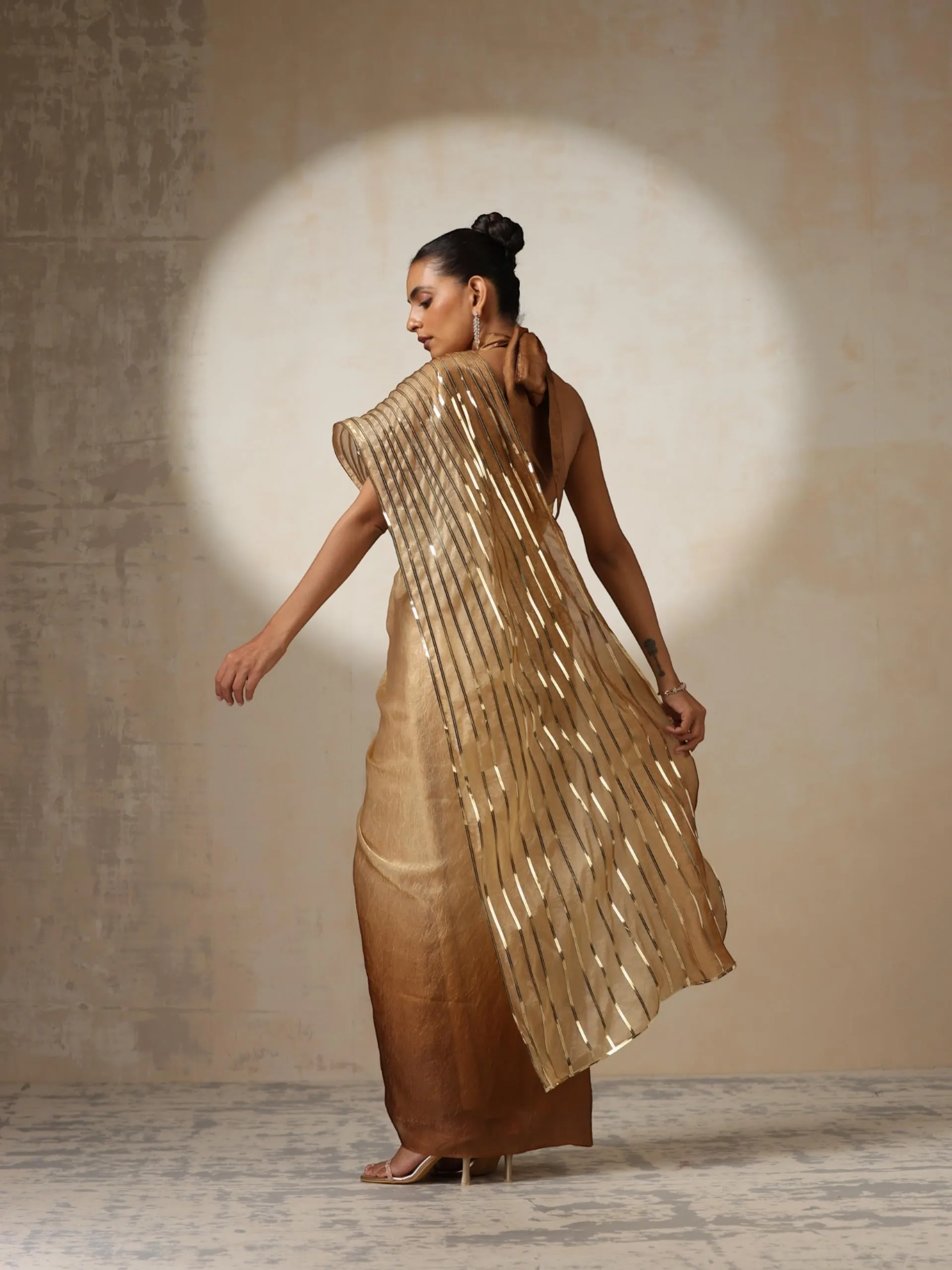 Glazed Ombre Impression Ready to Wear Metallic Satin Saree with Halter Blouse