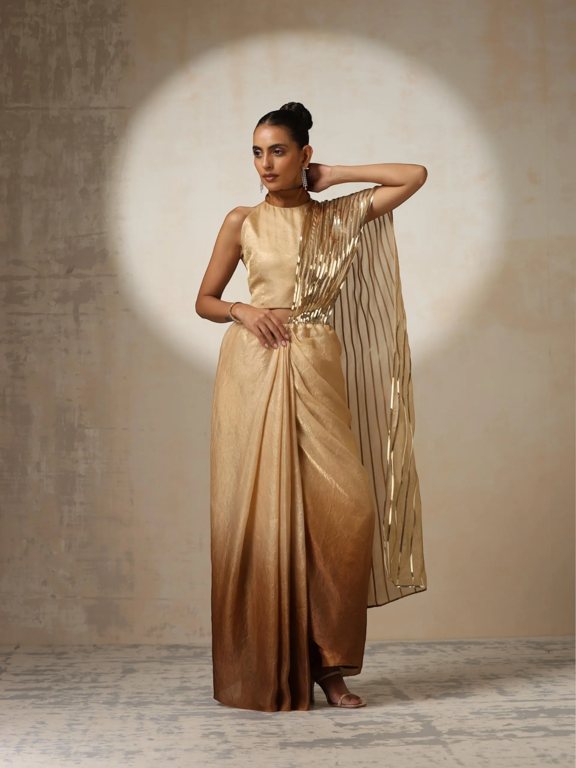 Glazed Ombre Impression Ready to Wear Metallic Satin Saree with Halter Blouse