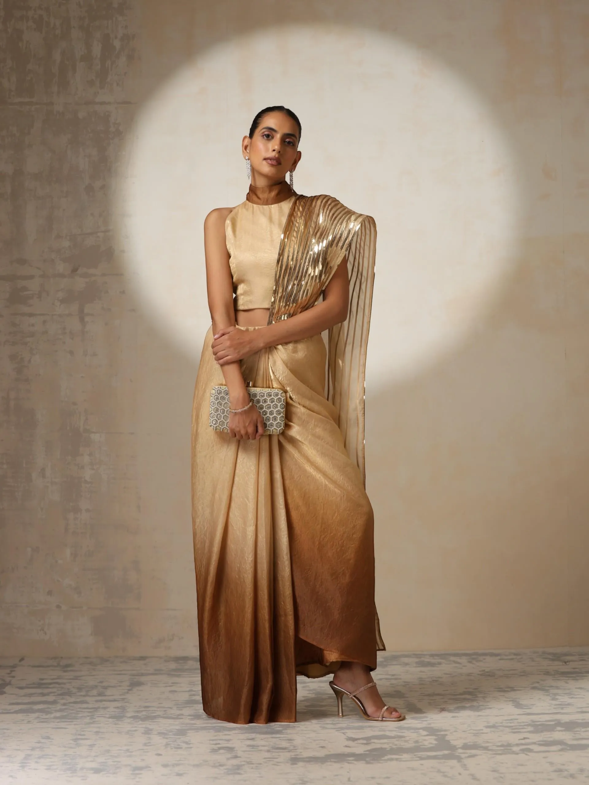 Glazed Ombre Impression Ready to Wear Metallic Satin Saree with Halter Blouse