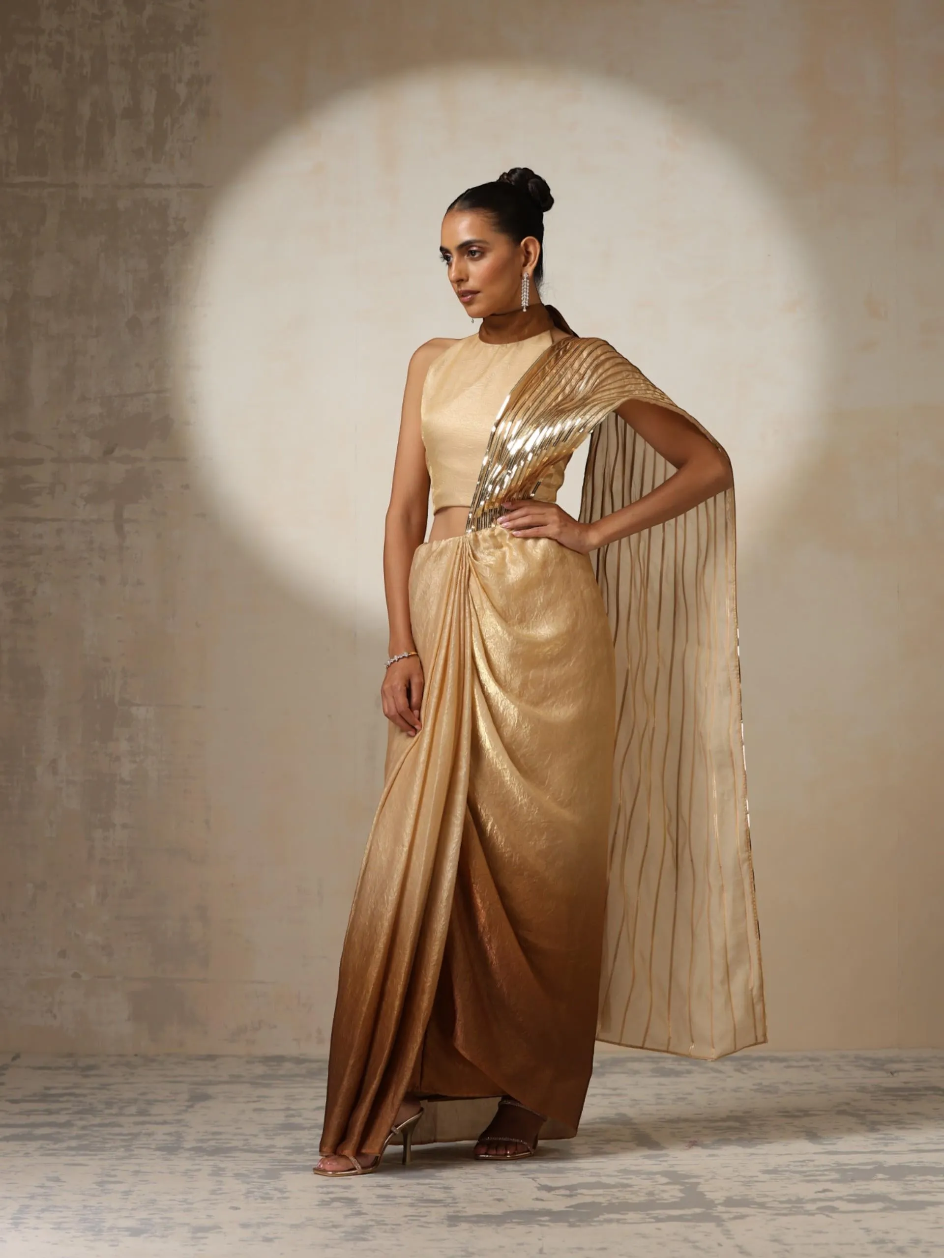 Glazed Ombre Impression Ready to Wear Metallic Satin Saree with Halter Blouse