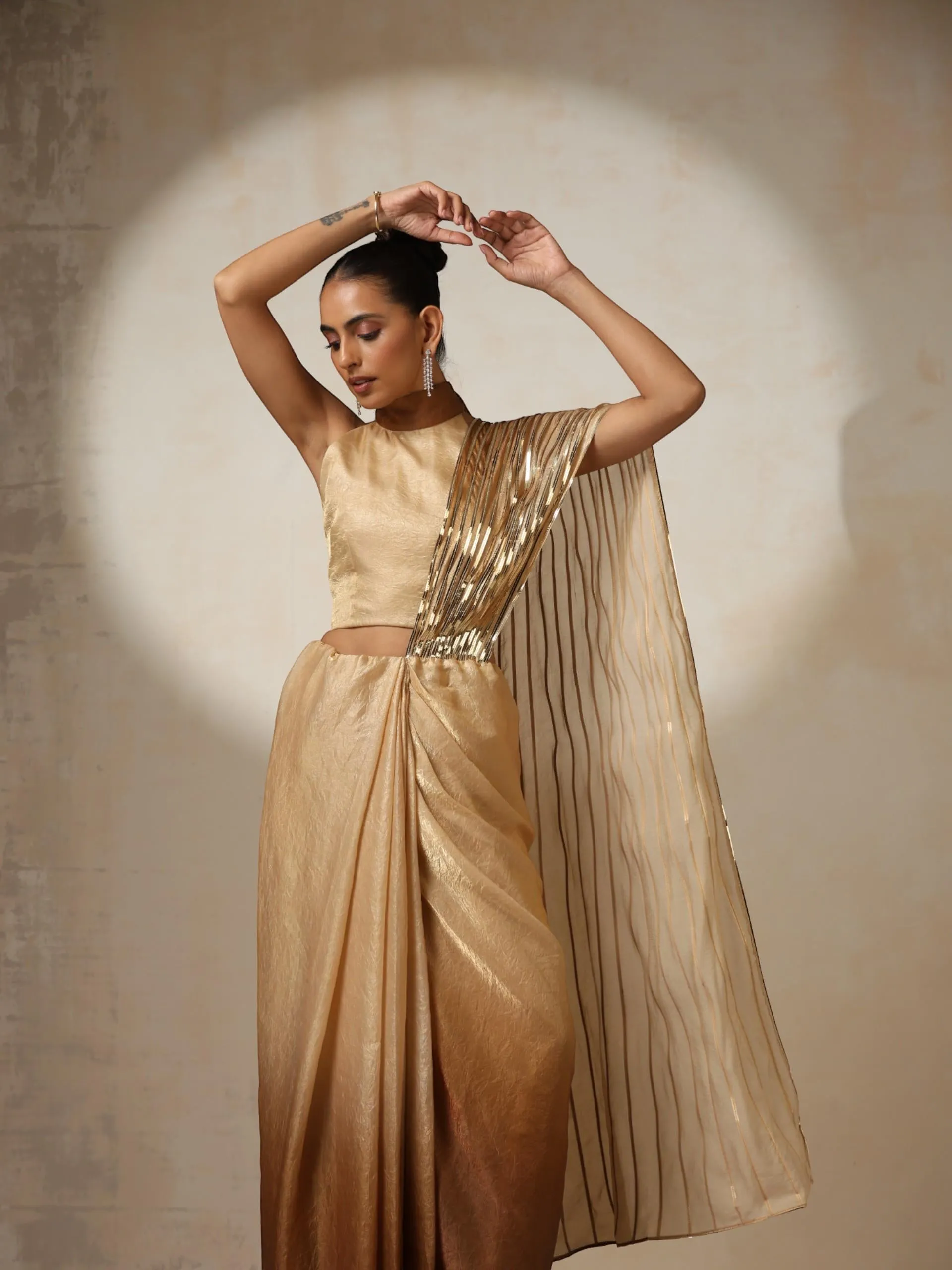 Glazed Ombre Impression Ready to Wear Metallic Satin Saree with Halter Blouse