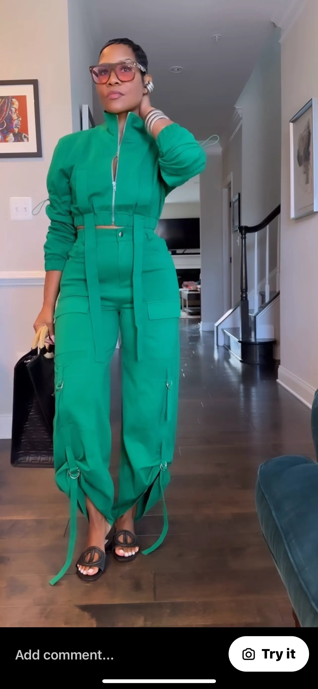 Green Wide Leg Cargo Pants & Jacket Set