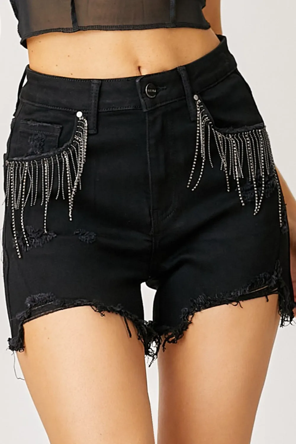 Hazel Blues® |  RISEN Frayed Hem Denim Shorts with Fringe Detail Pockets