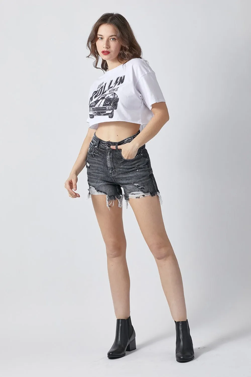 Hazel Blues® |  RISEN High Rise Distressed Denim Shorts