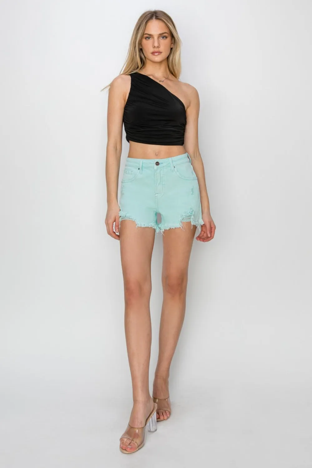 Hazel Blues® |  RISEN Mid Waist Frayed Hem Denim Shorts