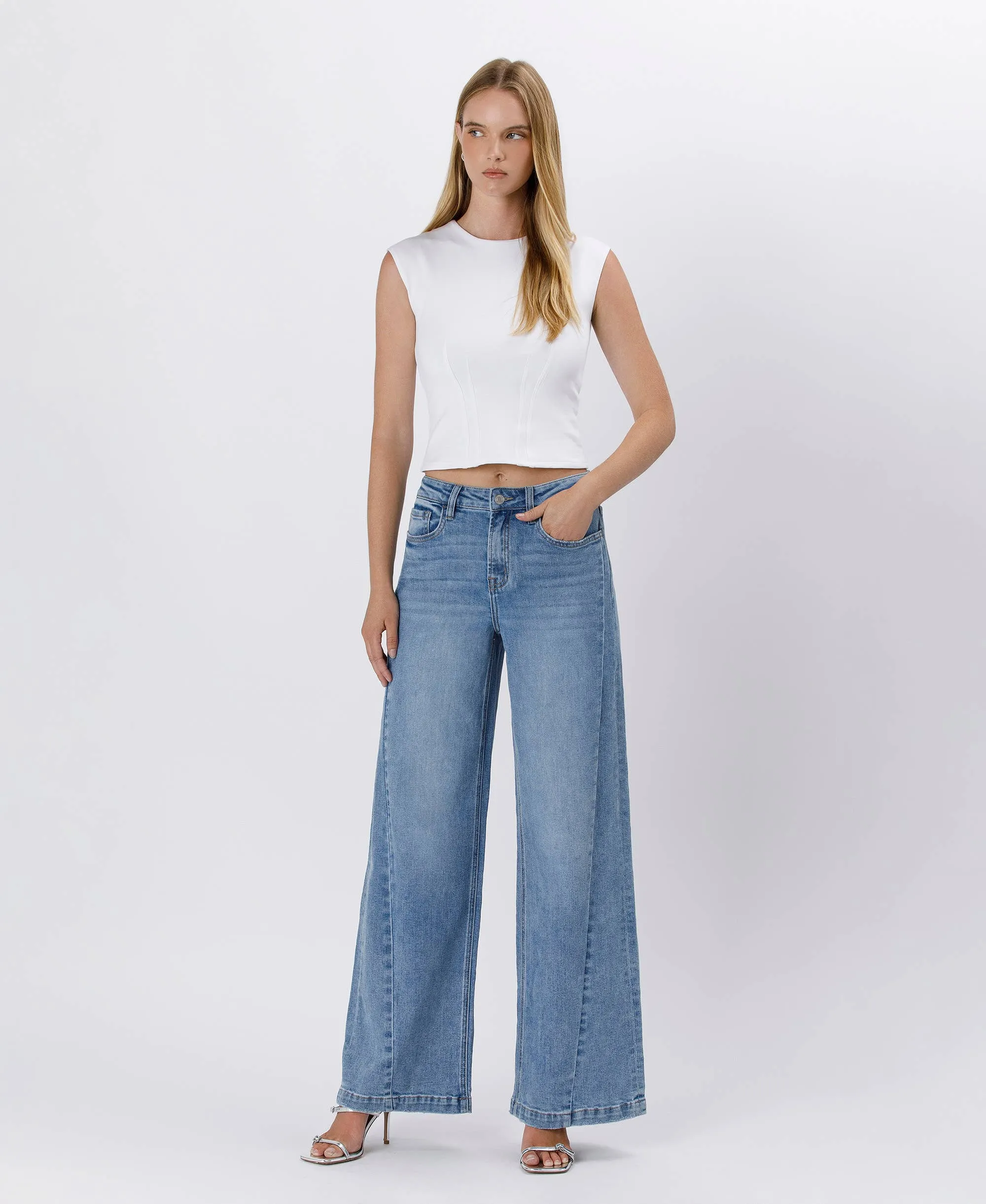 High Rise Seam Detail Palazzo Jeans
