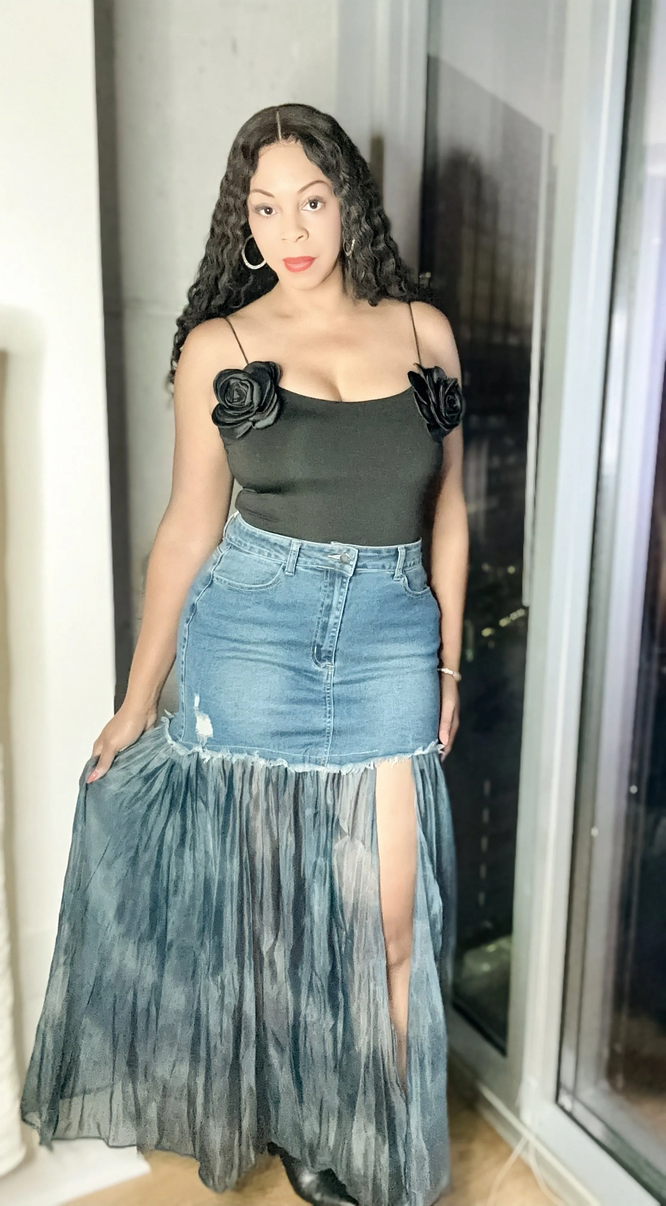High Waist Denim Chiffon Slit Skirt