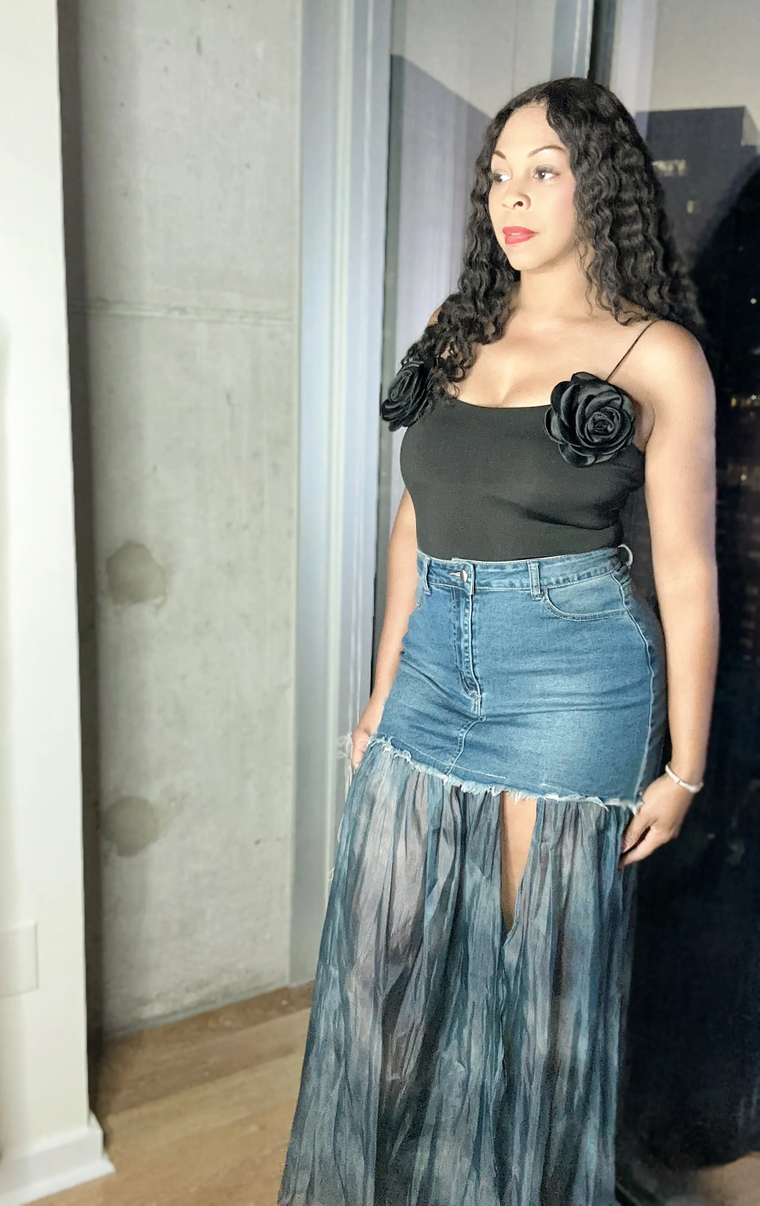 High Waist Denim Chiffon Slit Skirt