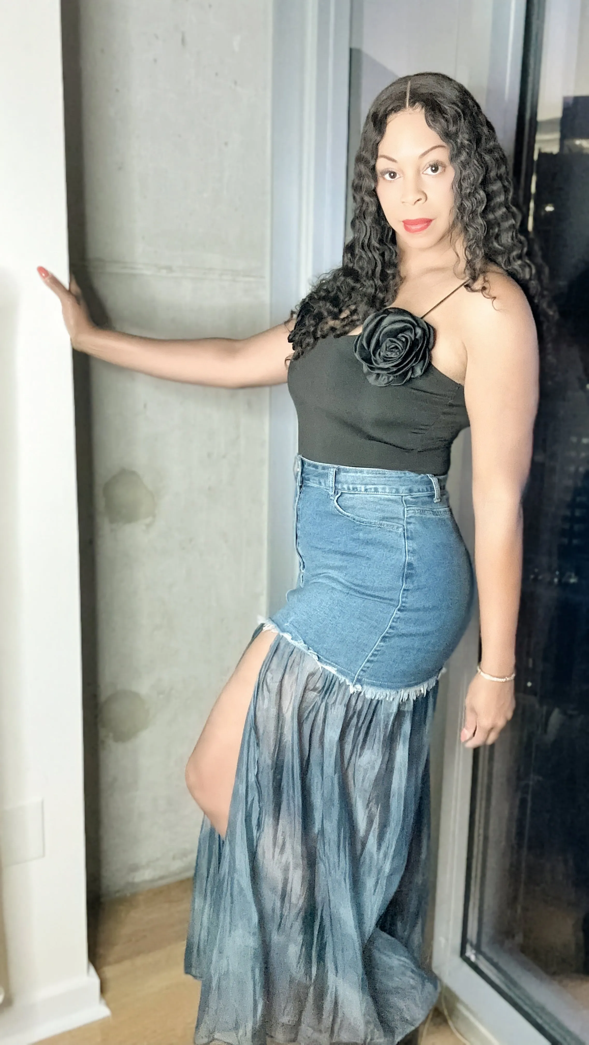 High Waist Denim Chiffon Slit Skirt