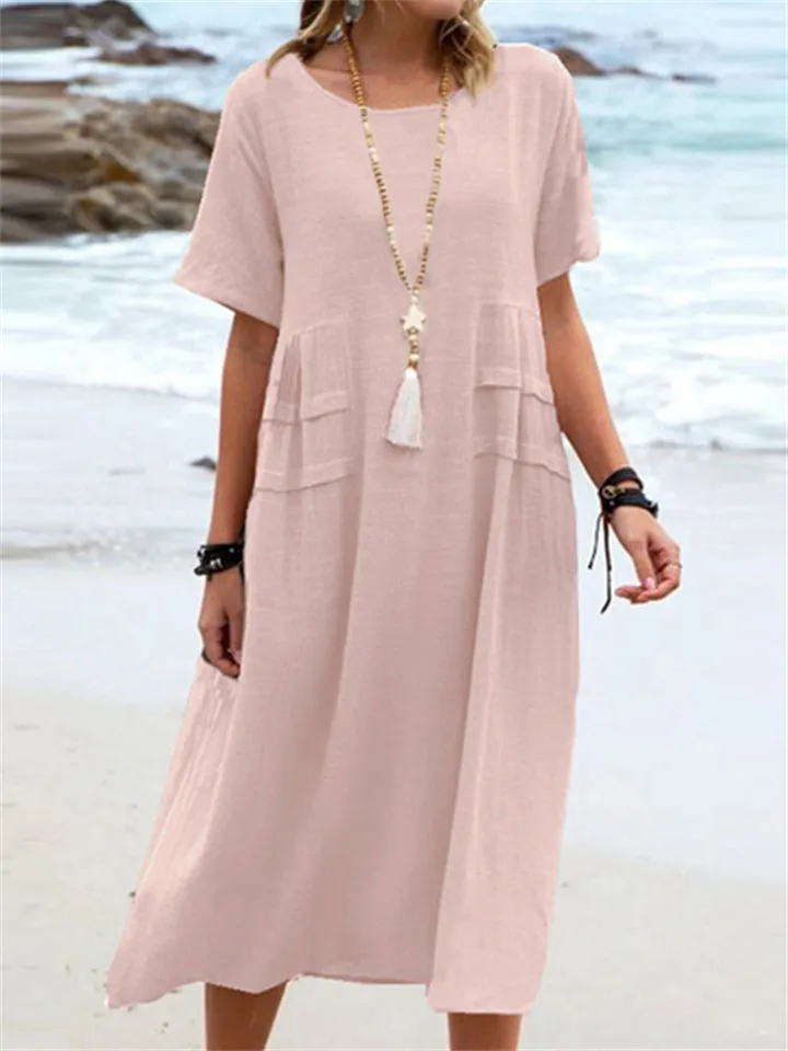 Holiday Solid Color Round Neck Loose Dress for Women