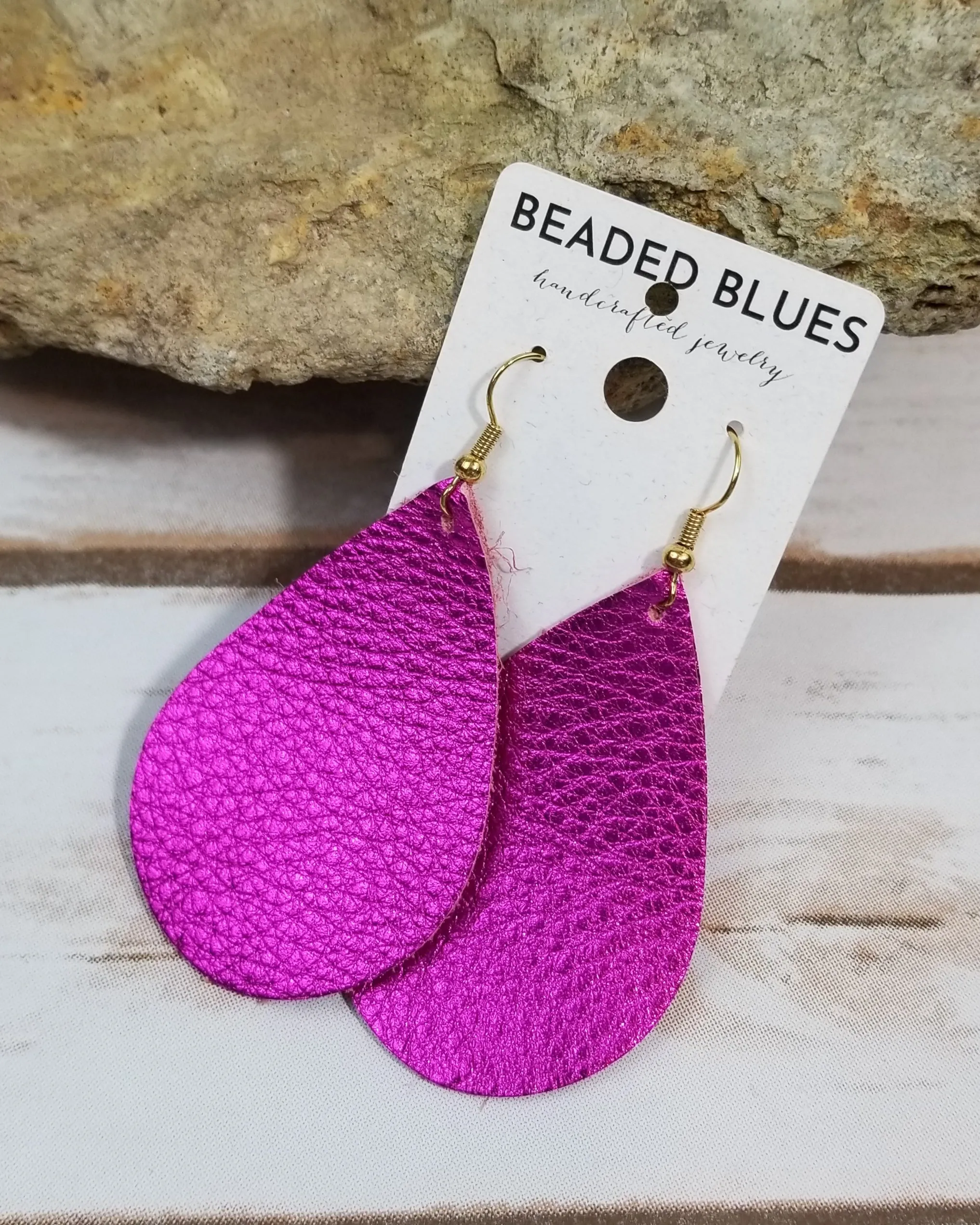 Hot Pink Metallic Teardrop Leather Earrings