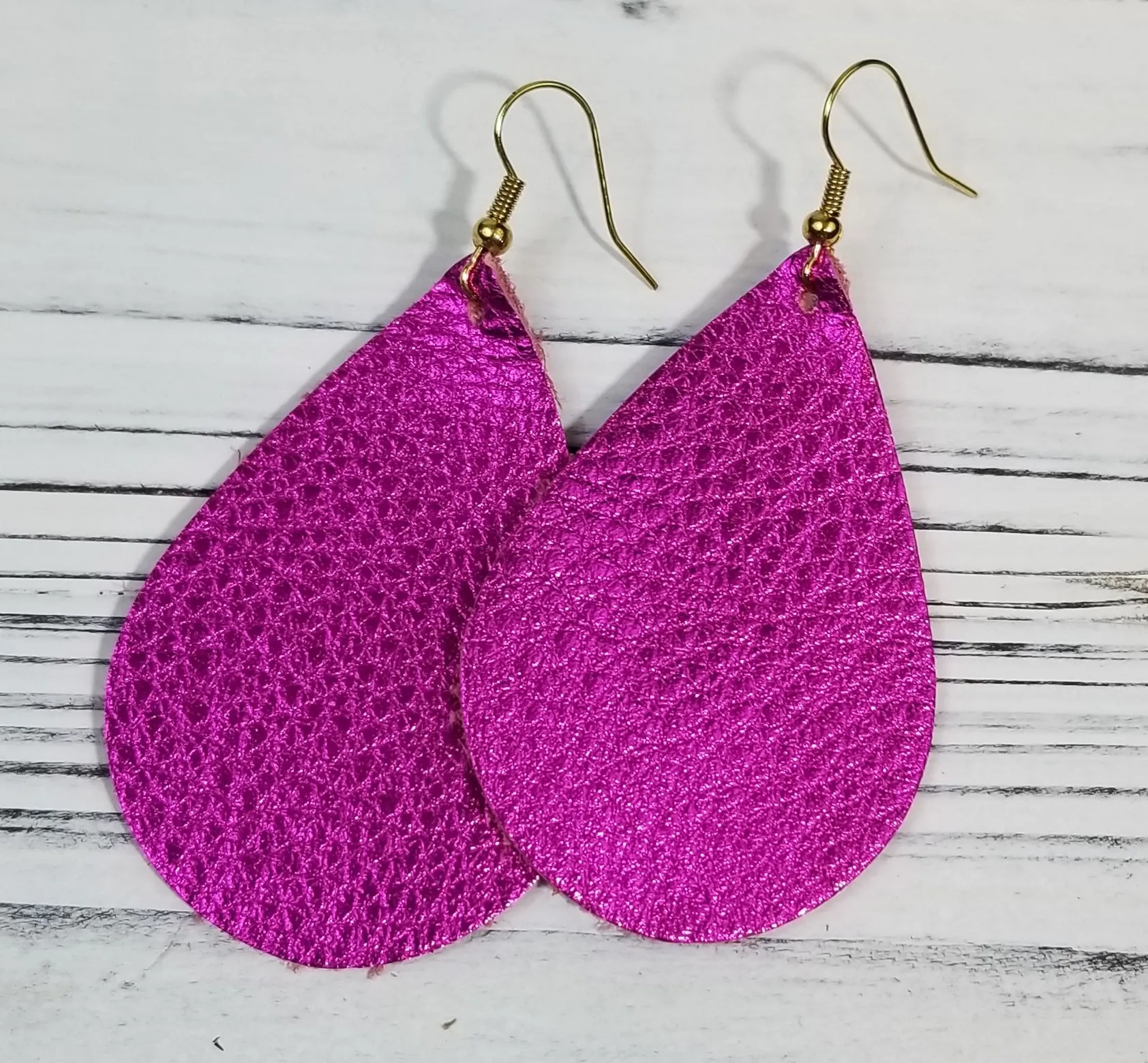 Hot Pink Metallic Teardrop Leather Earrings