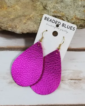 Hot Pink Metallic Teardrop Leather Earrings