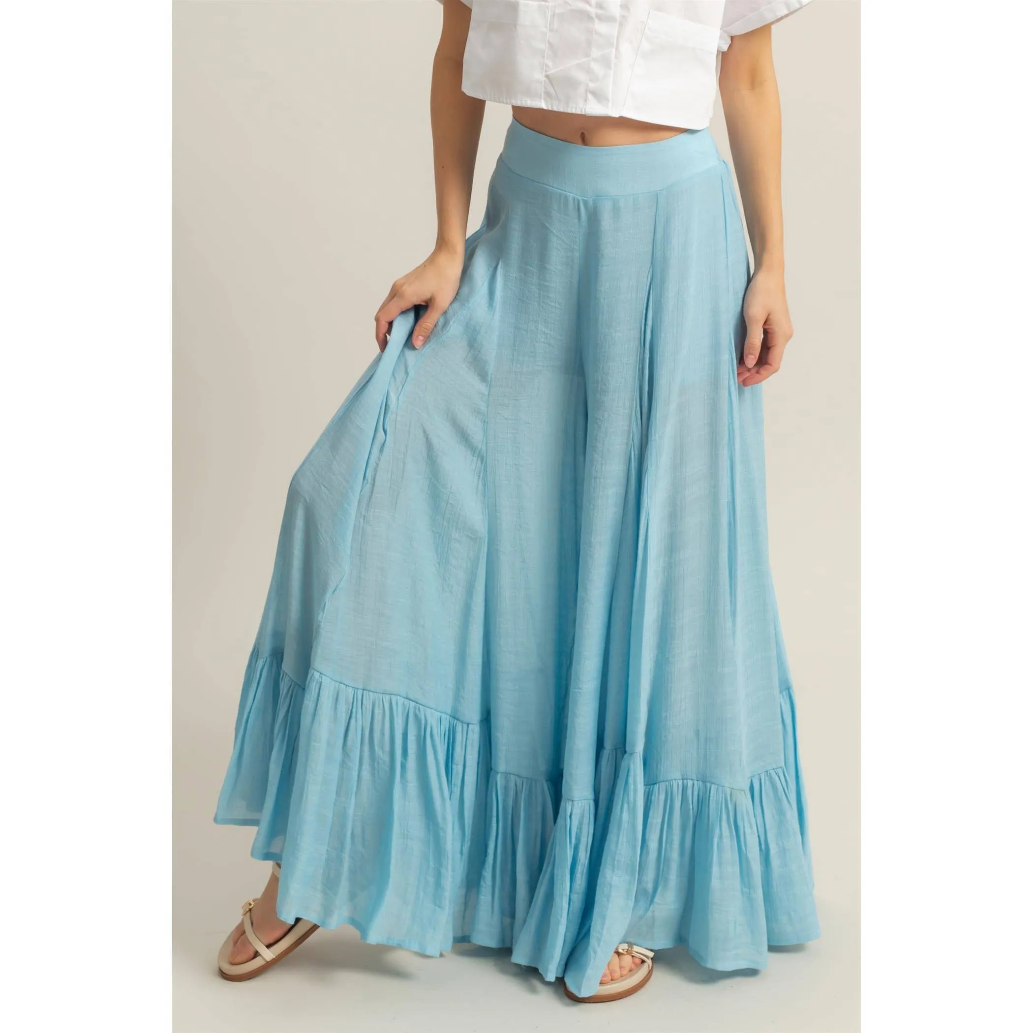 Ice Blue High-Waist Ruffle Flared Wide Leg HYFVE Pants