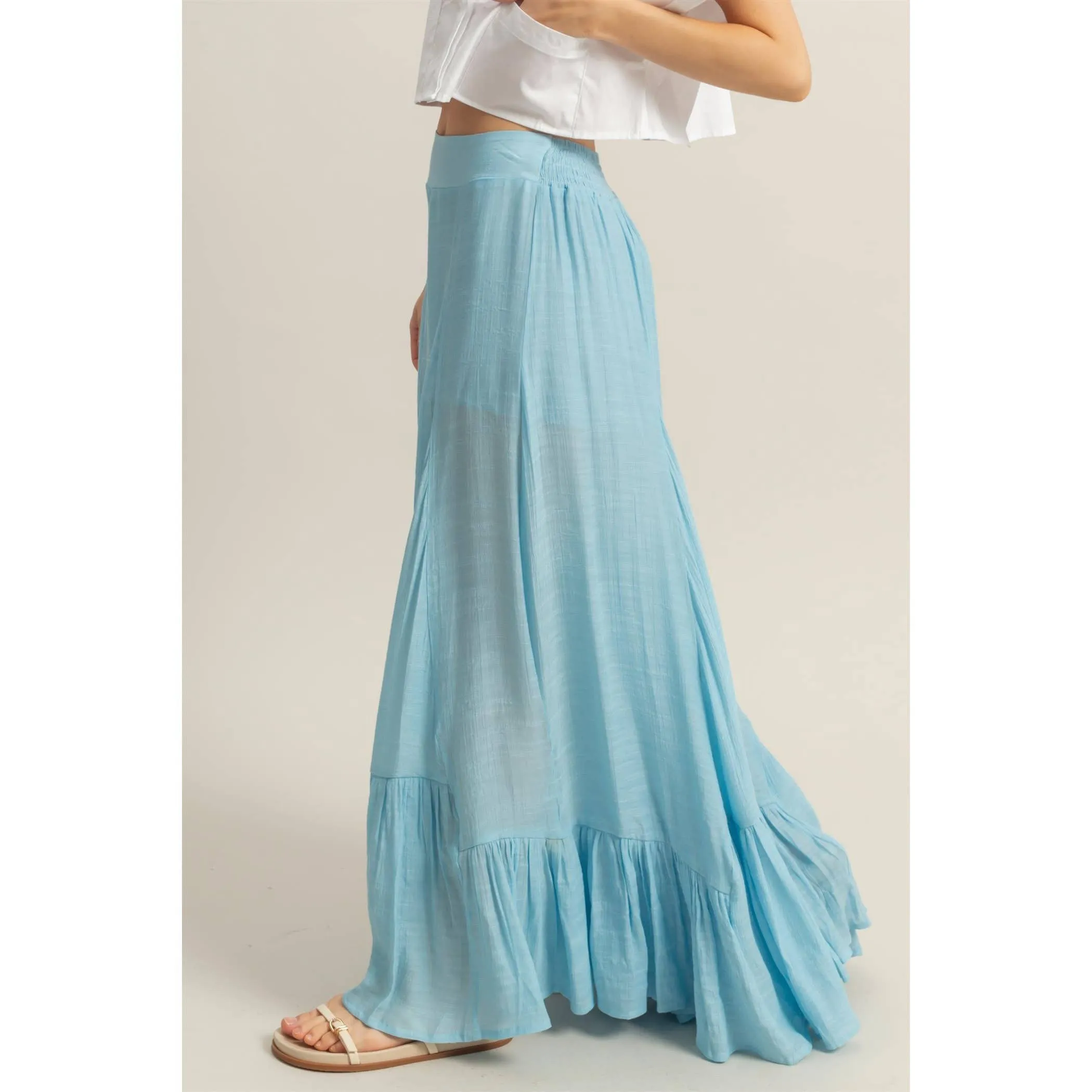 Ice Blue High-Waist Ruffle Flared Wide Leg HYFVE Pants