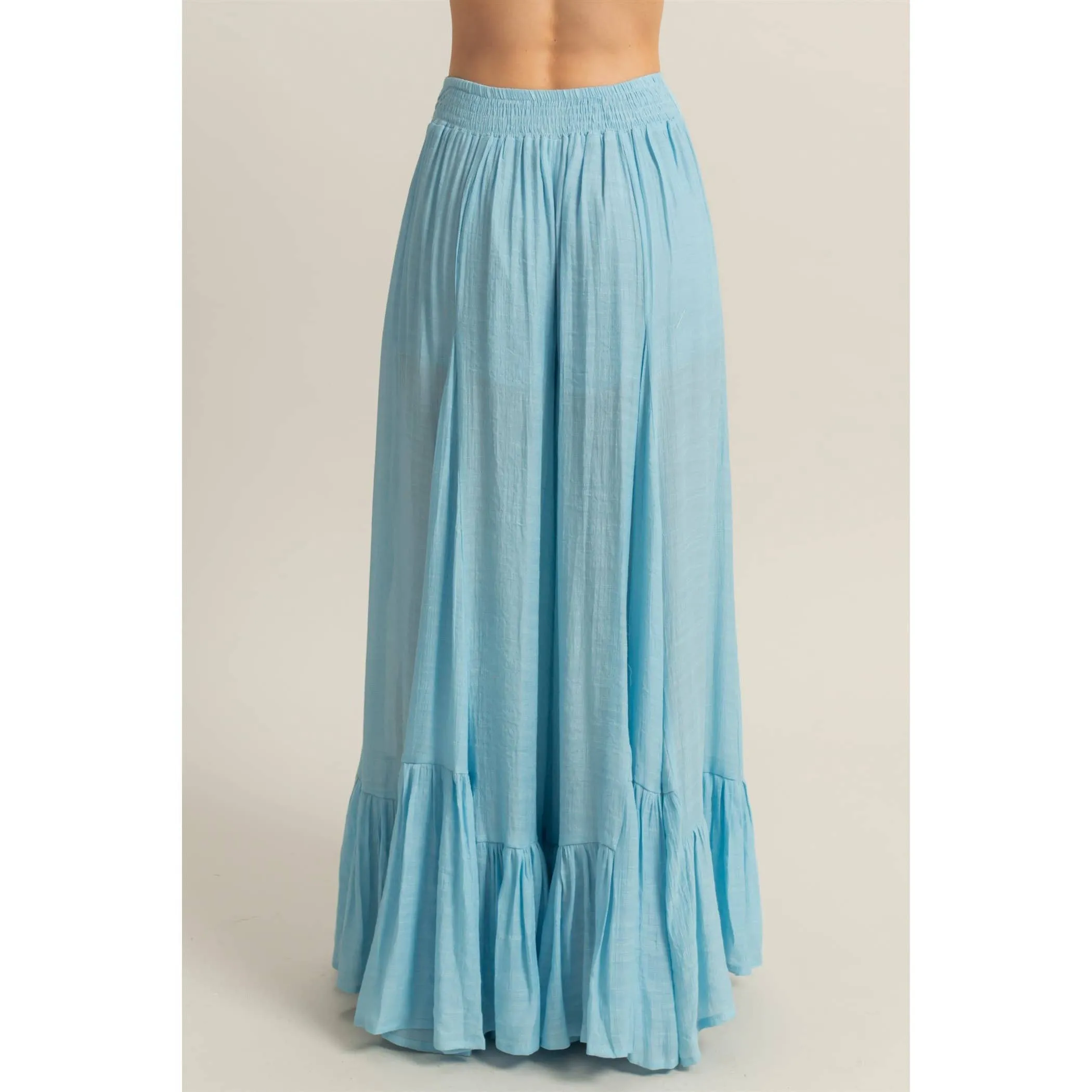 Ice Blue High-Waist Ruffle Flared Wide Leg HYFVE Pants
