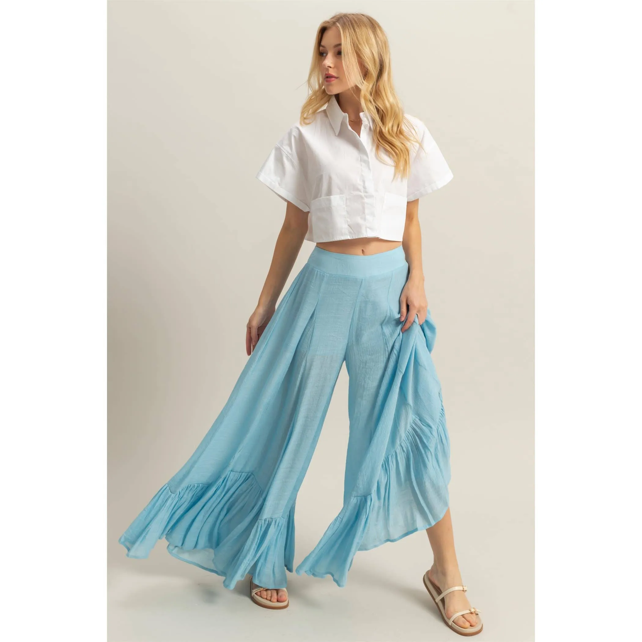 Ice Blue High-Waist Ruffle Flared Wide Leg HYFVE Pants