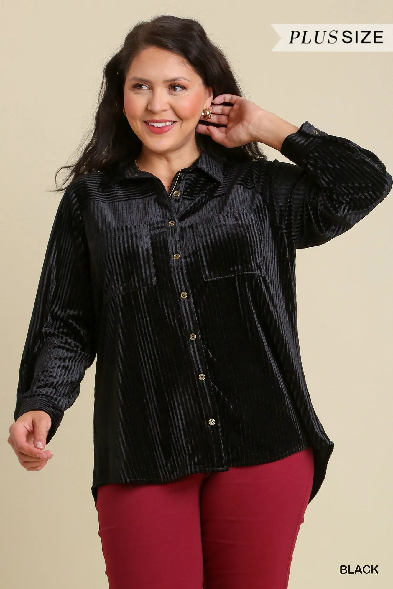 Jasper Ribbed Velvet Collared Top - Black