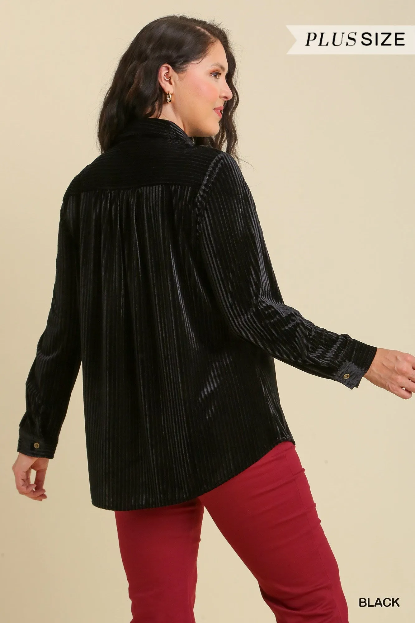 Jasper Ribbed Velvet Collared Top - Black
