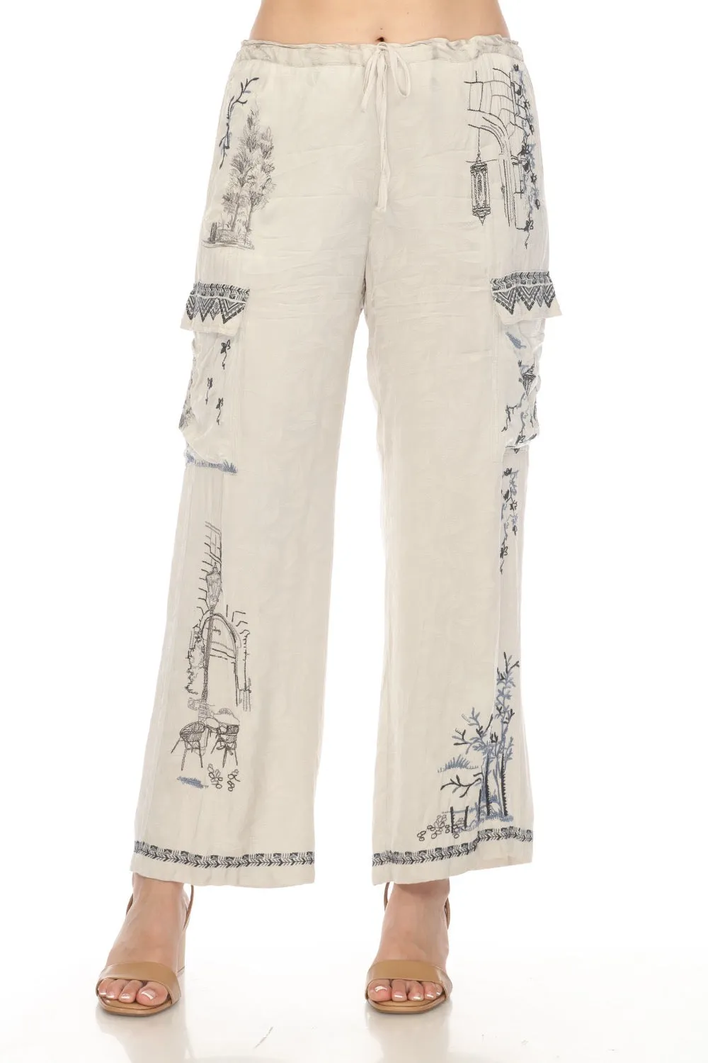 Johnny Was Biya Embroidered Drawstring Waist Cargo Pants Boho Chic B68024