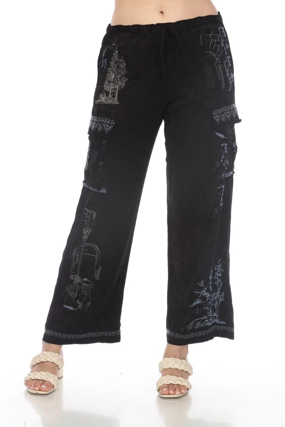 Johnny Was Biya Embroidered Drawstring Waist Cargo Pants Boho Chic B68024